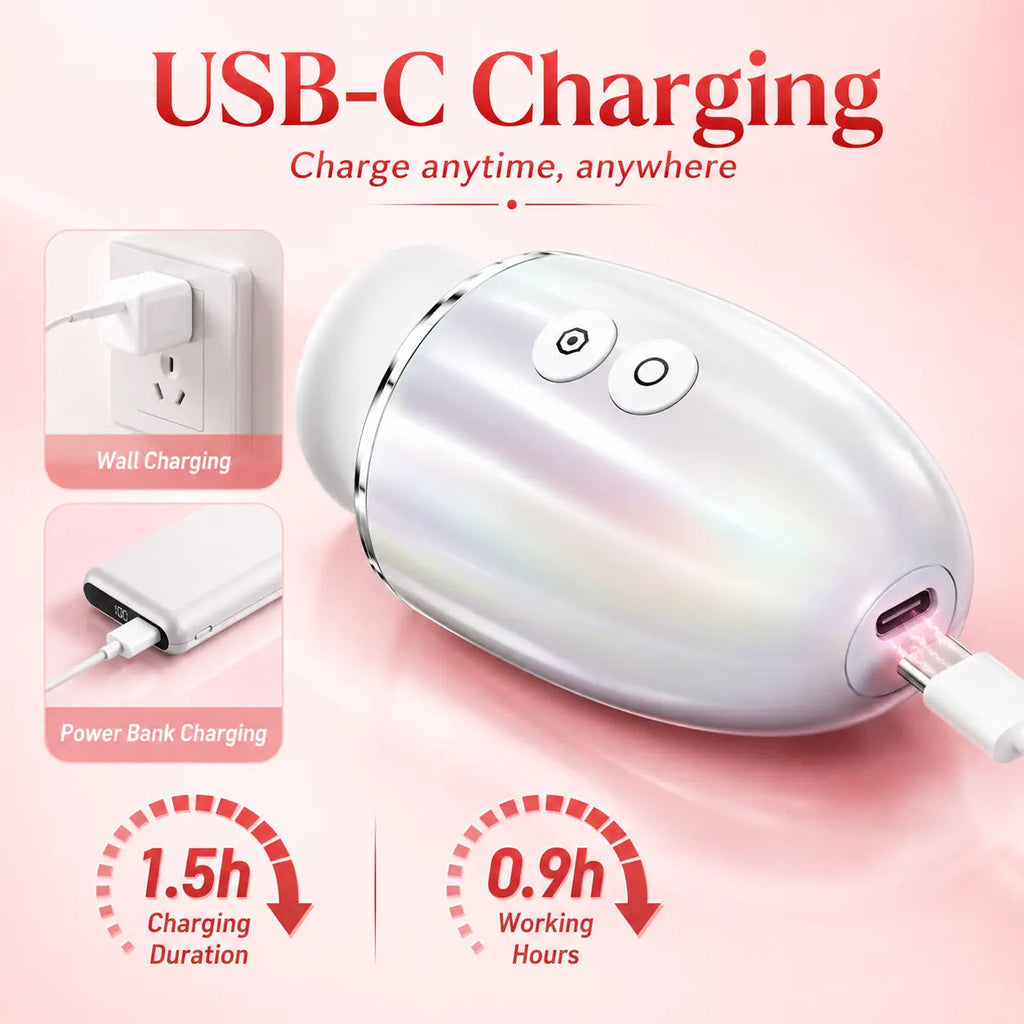 PearlShine USB-C rechargeable vibrator with 1.5-hour charging and 0.9-hour runtime