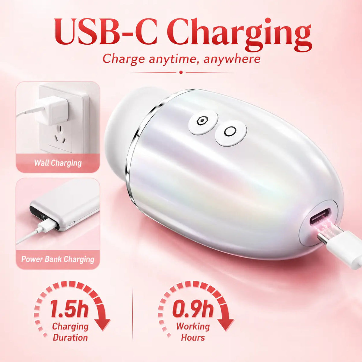 PearlShine USB-C rechargeable vibrator with 1.5-hour charging and 0.9-hour runtime